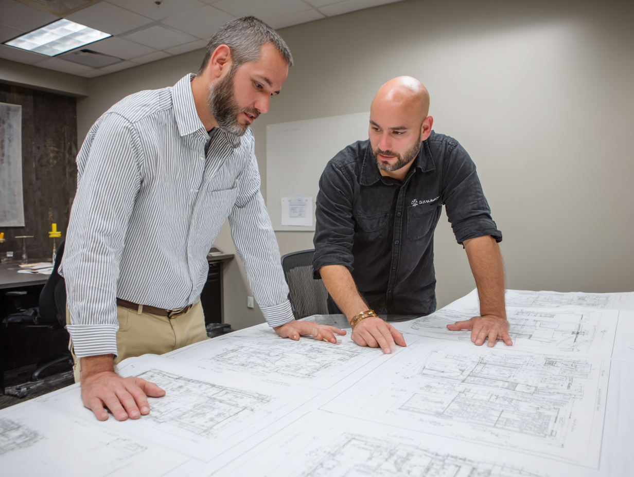 Two engineers reviewing soundproofing blueprints for a server room project